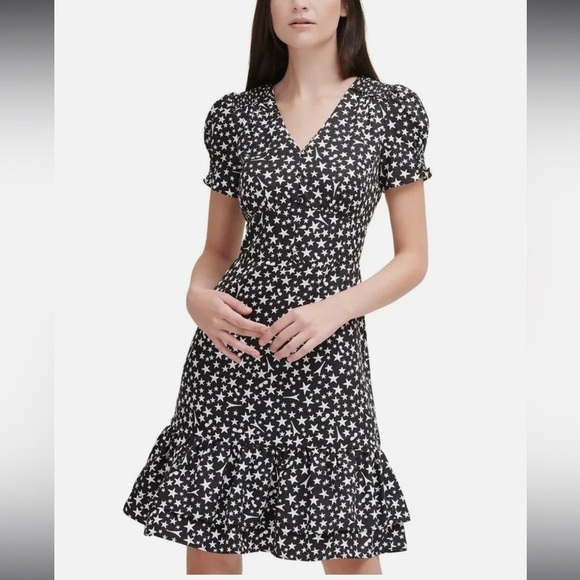 EUC Karl Lagerfeld Paris Star Printed Ruffle Dress  Black & White Size 12 - Picture 1 of 13
